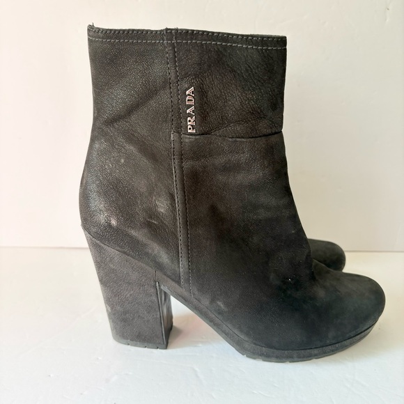 Prada Black Suede Leather Heeled Combat Boots - Picture 1 of 11